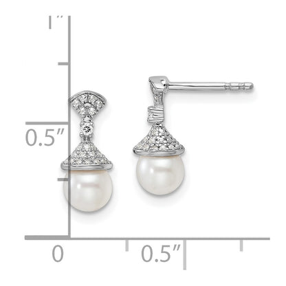 14K White Gold Polished Diamond and Pearl Drop Stud Earrings