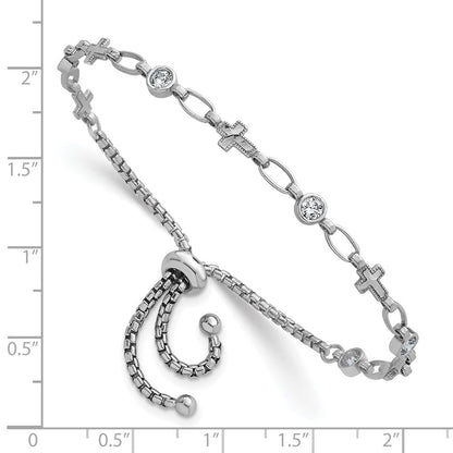 Sterling Silver Rhodium-plated  Round CZ and Cross Adjustable Bolo Bracelet
