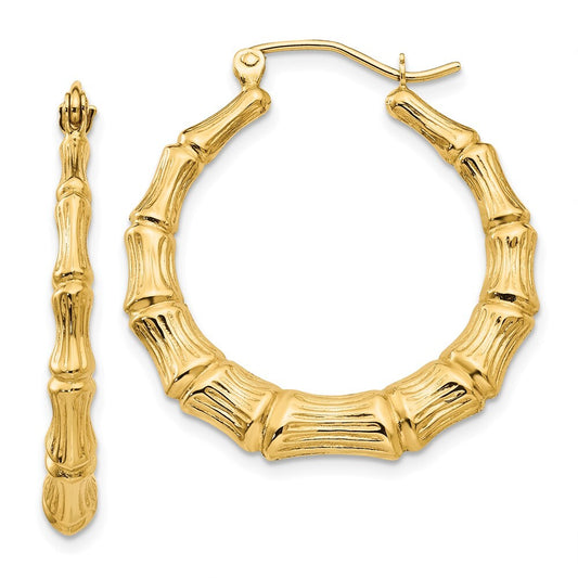 14k Yellow Gold Polished Bamboo Hoop Earrings Gift for Women