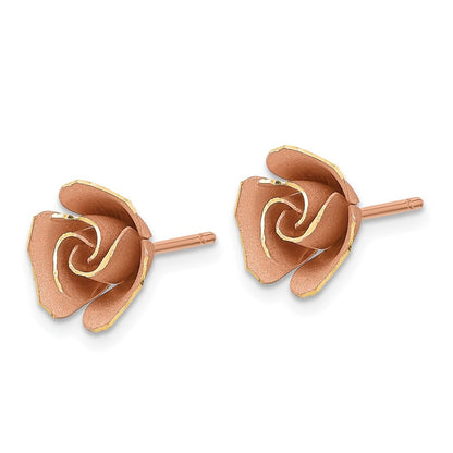 14k Yellow Gold Rose Rhodium Satin Finish Diamond-Cut Rose Stud Earrings