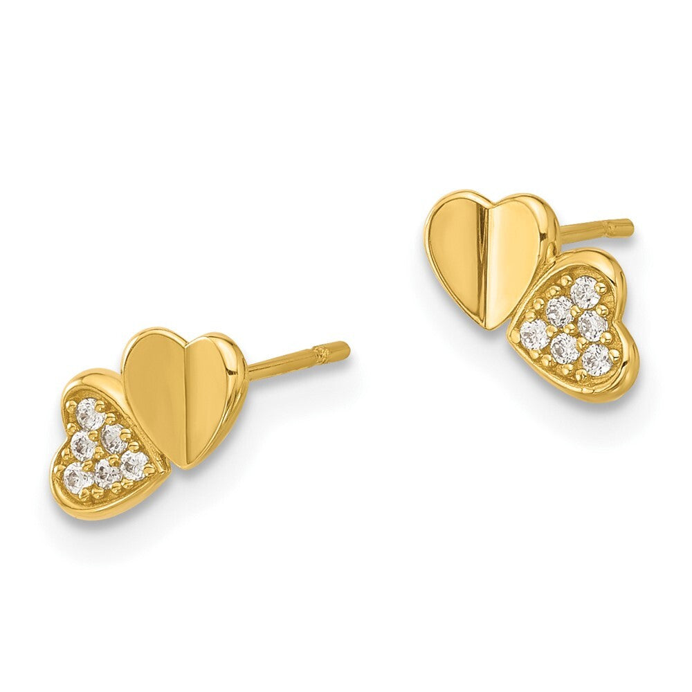 14k Yellow Gold Polished Cubic Zirconia Double Hearts Stud Earrings