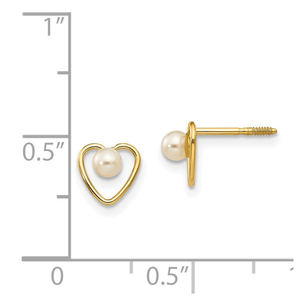 14k Yellow Gold 3mm FW Cultured Pearl Birthstone Heart Stud Earrings