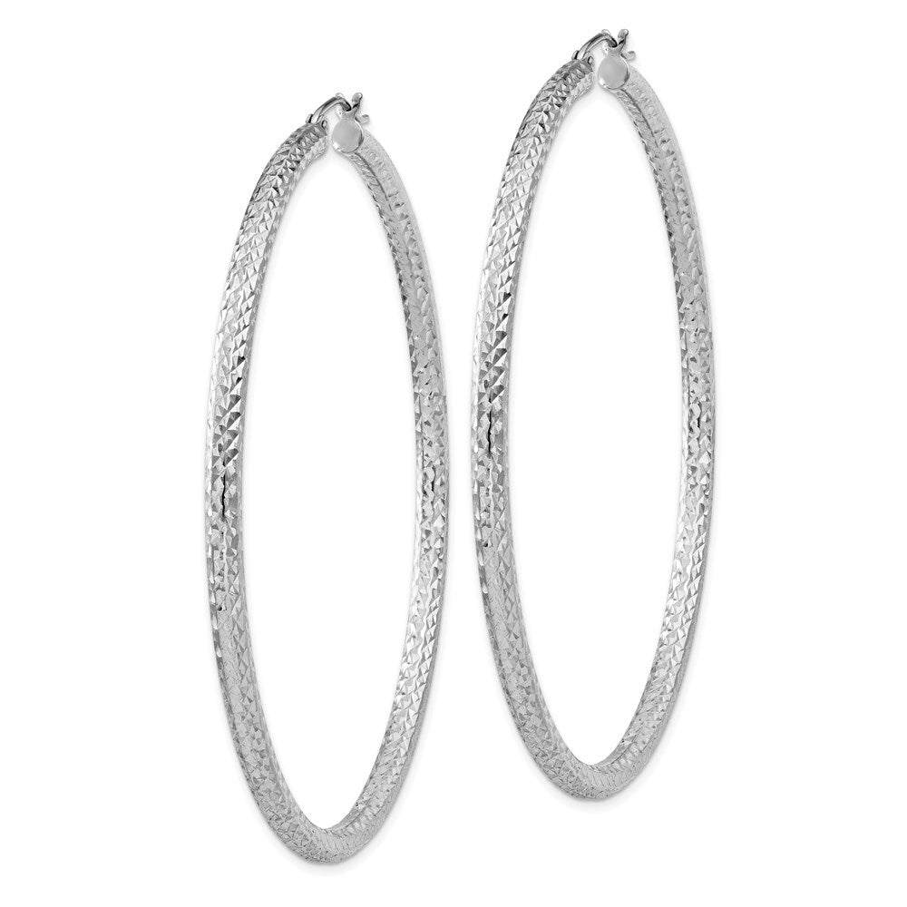 Sterling Silver Rhodium-plated Diamond-cut 3x65mm Hoop Earrings