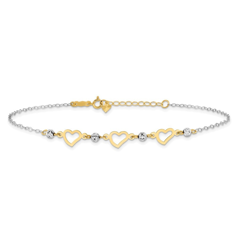 14K Two-tone Three Hearts and Diamond-cut Beads 11" Anklet