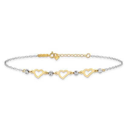 14K Two-tone Three Hearts and Diamond-cut Beads 11" Anklet