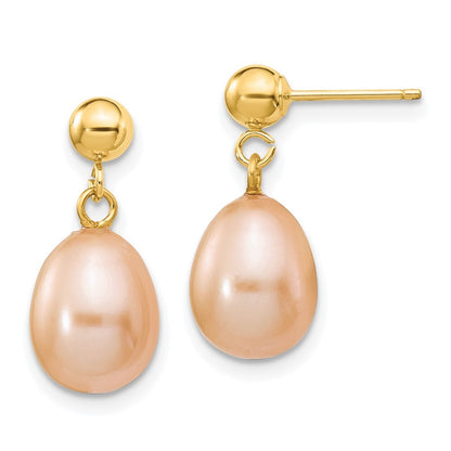 14k Yellow Gold 8-9mm Pink Rice Freshwater Cultured Pearl Dangle Earrings