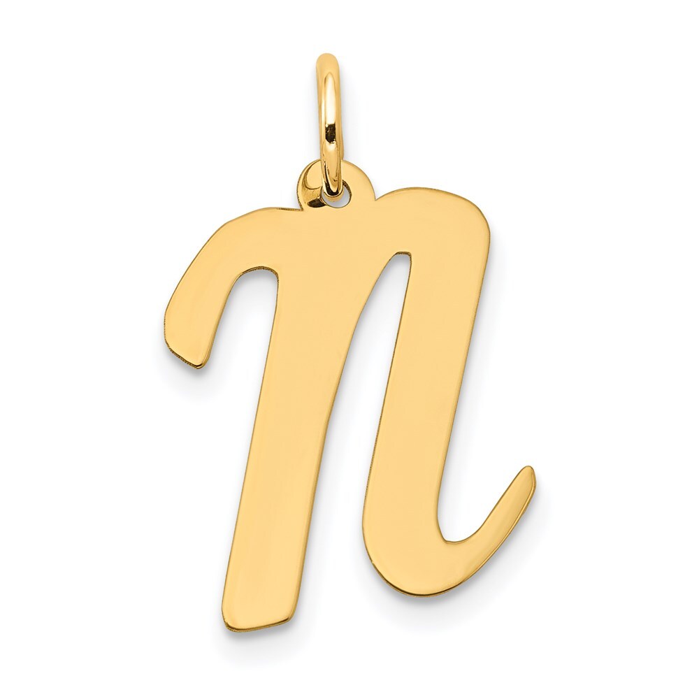 14k Yellow Gold Large Script Letter N Initial Charm Pendant for Women
