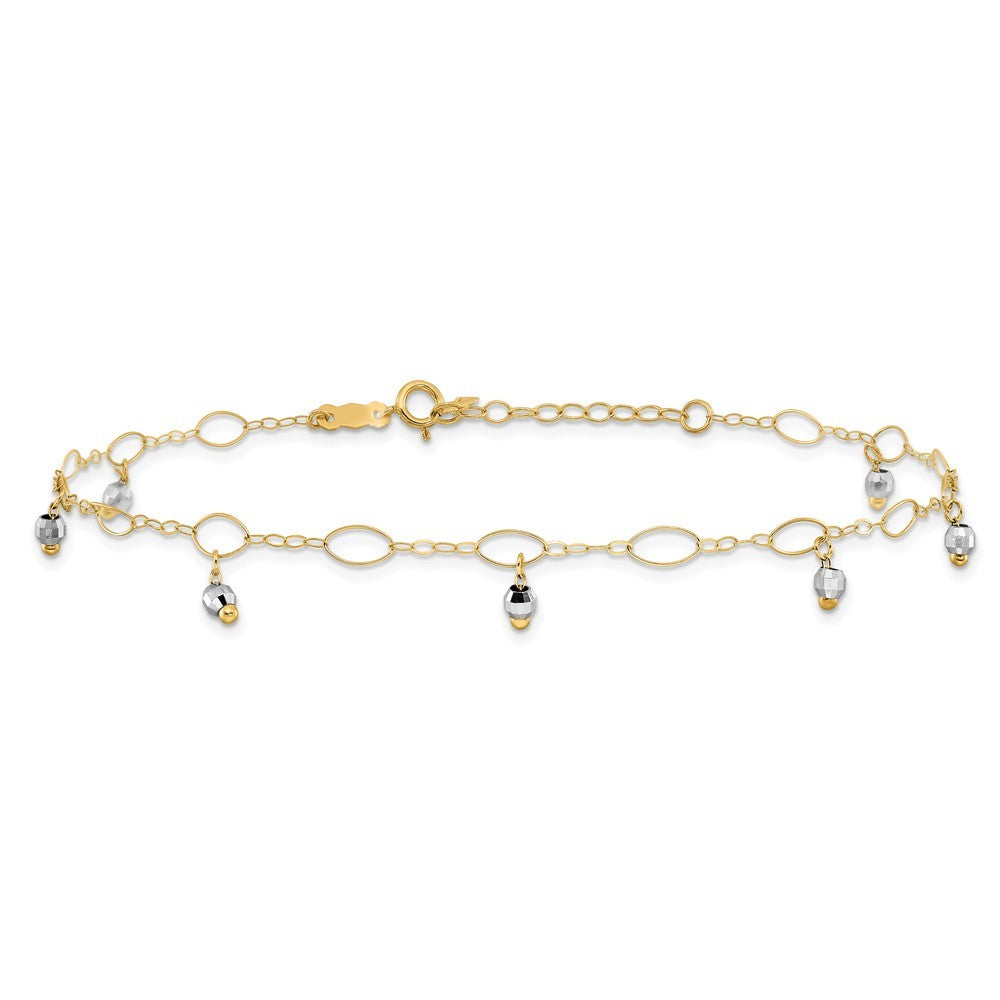 14K Two-Tone Mirror Bead Dangles 10" Anklet