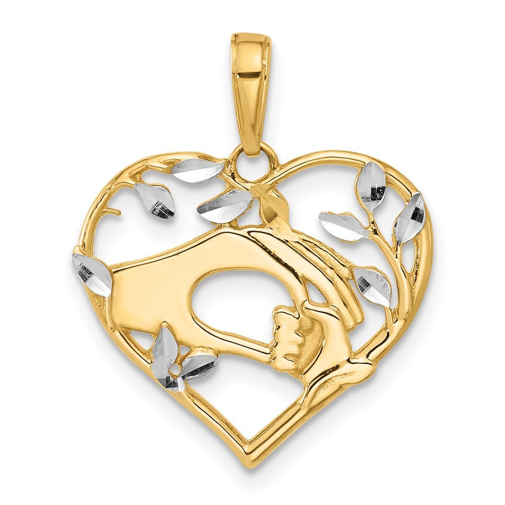 14k Gold & White Rhodium Diamond-Cut Mother & Child Hands in Heart Pendant