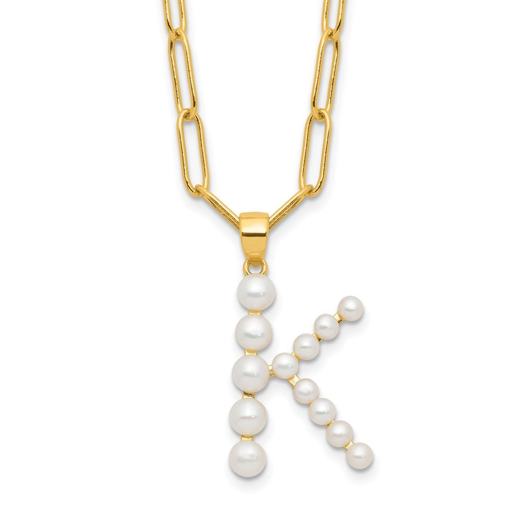 Sterling Silver 3-5.5mm White Button Cultured Pearl LETTER K Necklace 18"
