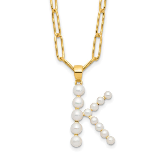 Sterling Silver 3-5.5mm White Button Cultured Pearl LETTER K Necklace 18"