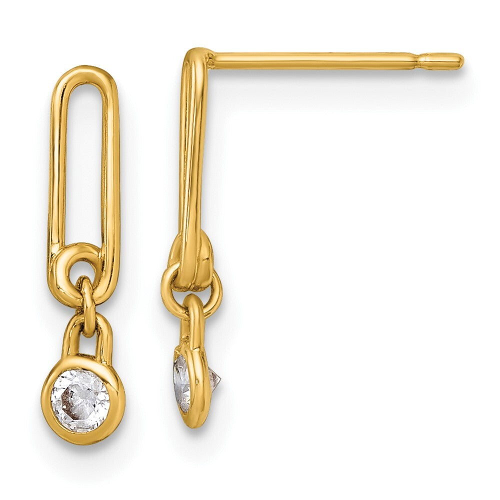 14k Yellow Gold Polished Cubic Zirconia Paperclip Link Dangle Earrings