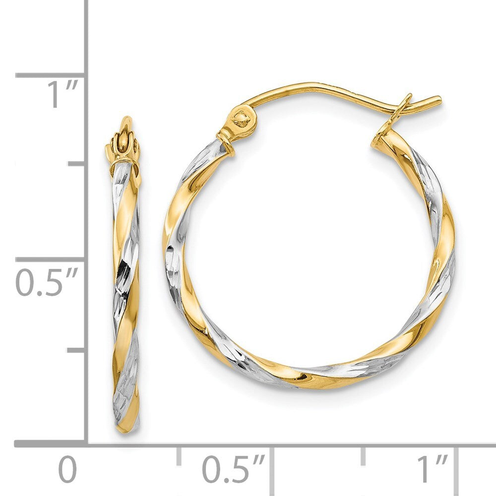 14k Yellow Gold & Rhodium Hollow Twisted Hoop Earrings Gift for Women