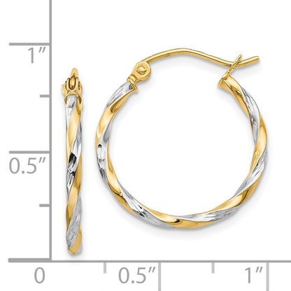 14k Yellow Gold & Rhodium Hollow Twisted Hoop Earrings Gift for Women