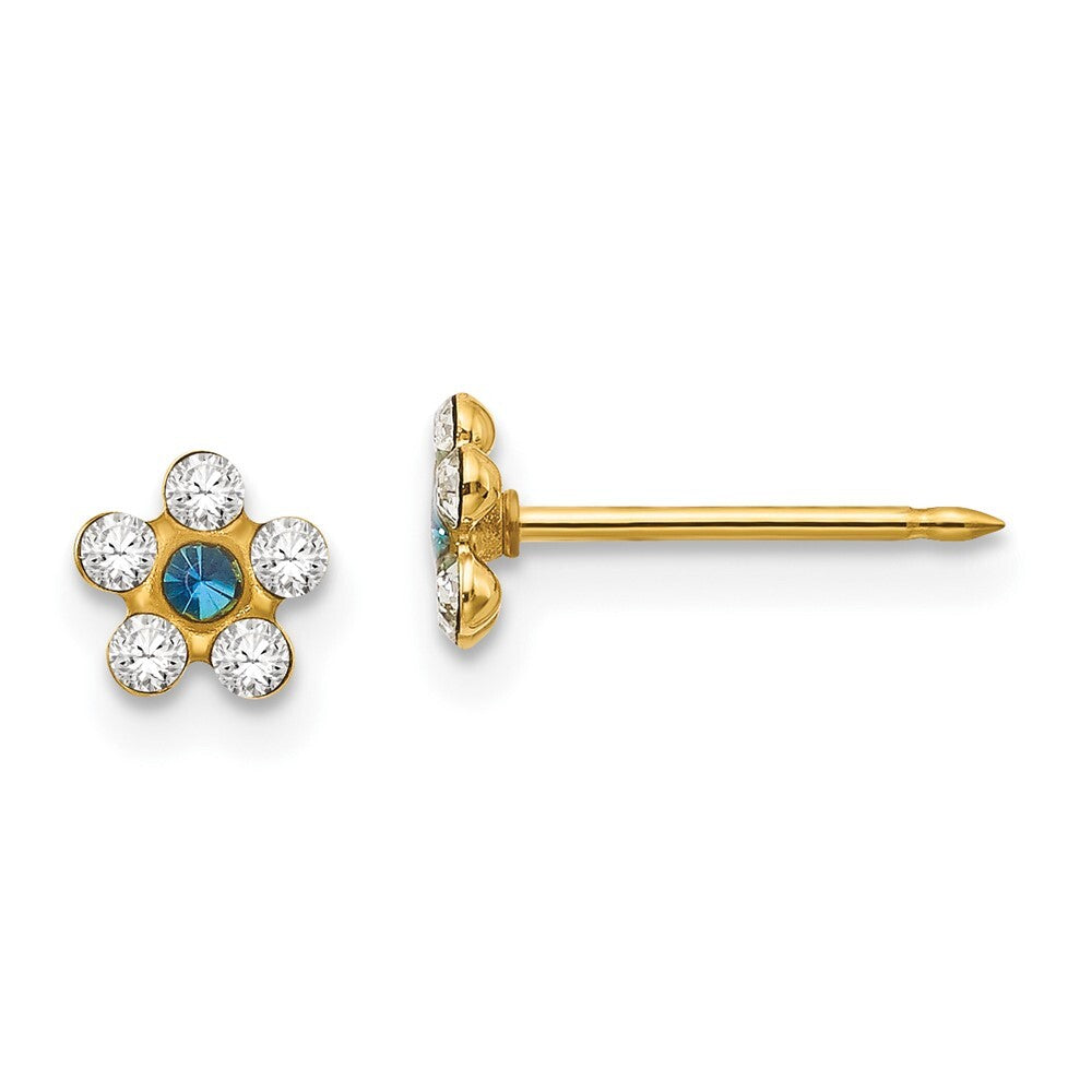 14k Yellow Gold Clear/Blue Crystal Flower Stud Earrings Gift for Women