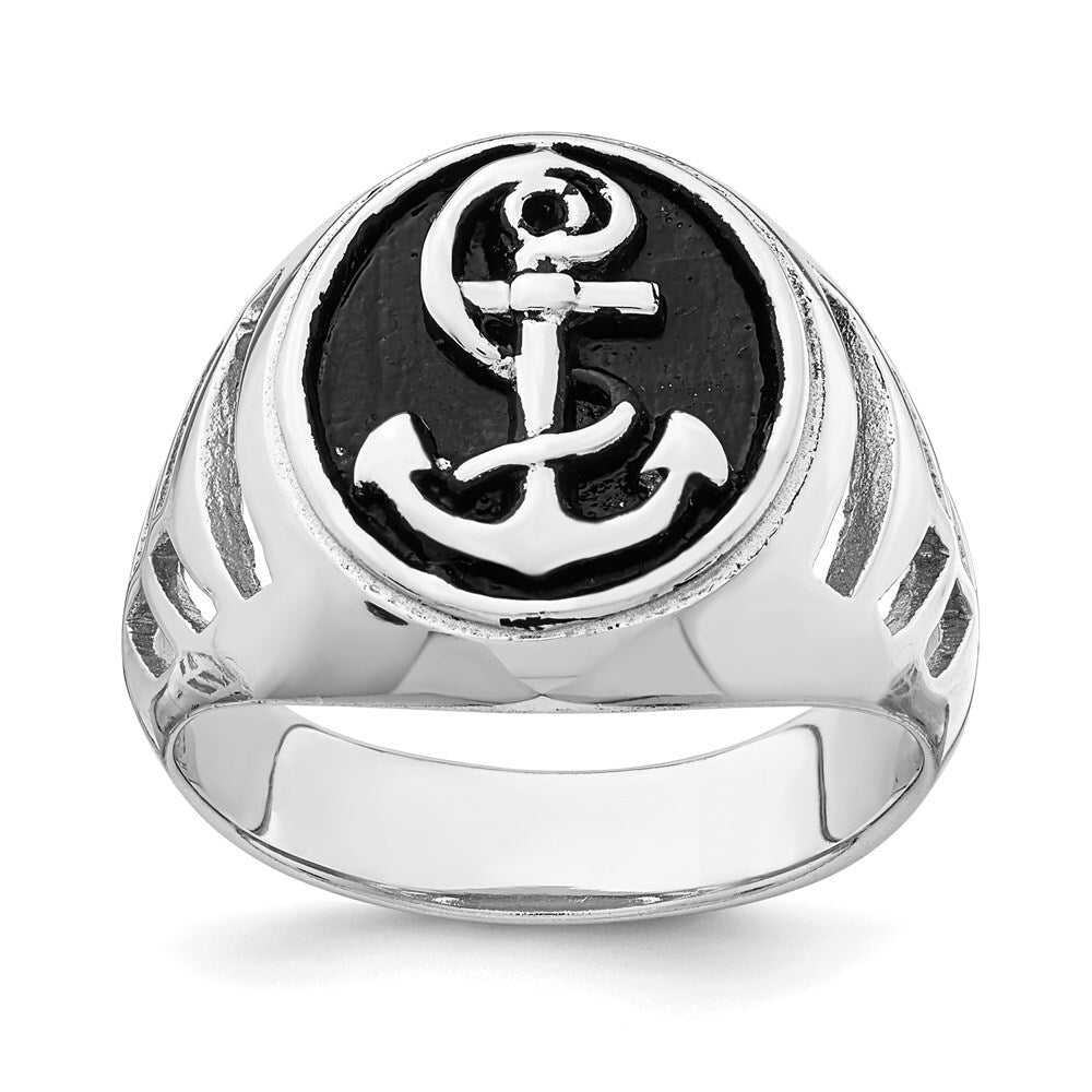 Sterling Silver Rhodium-plated & Antiqued Plated Anchor Ring Size 11