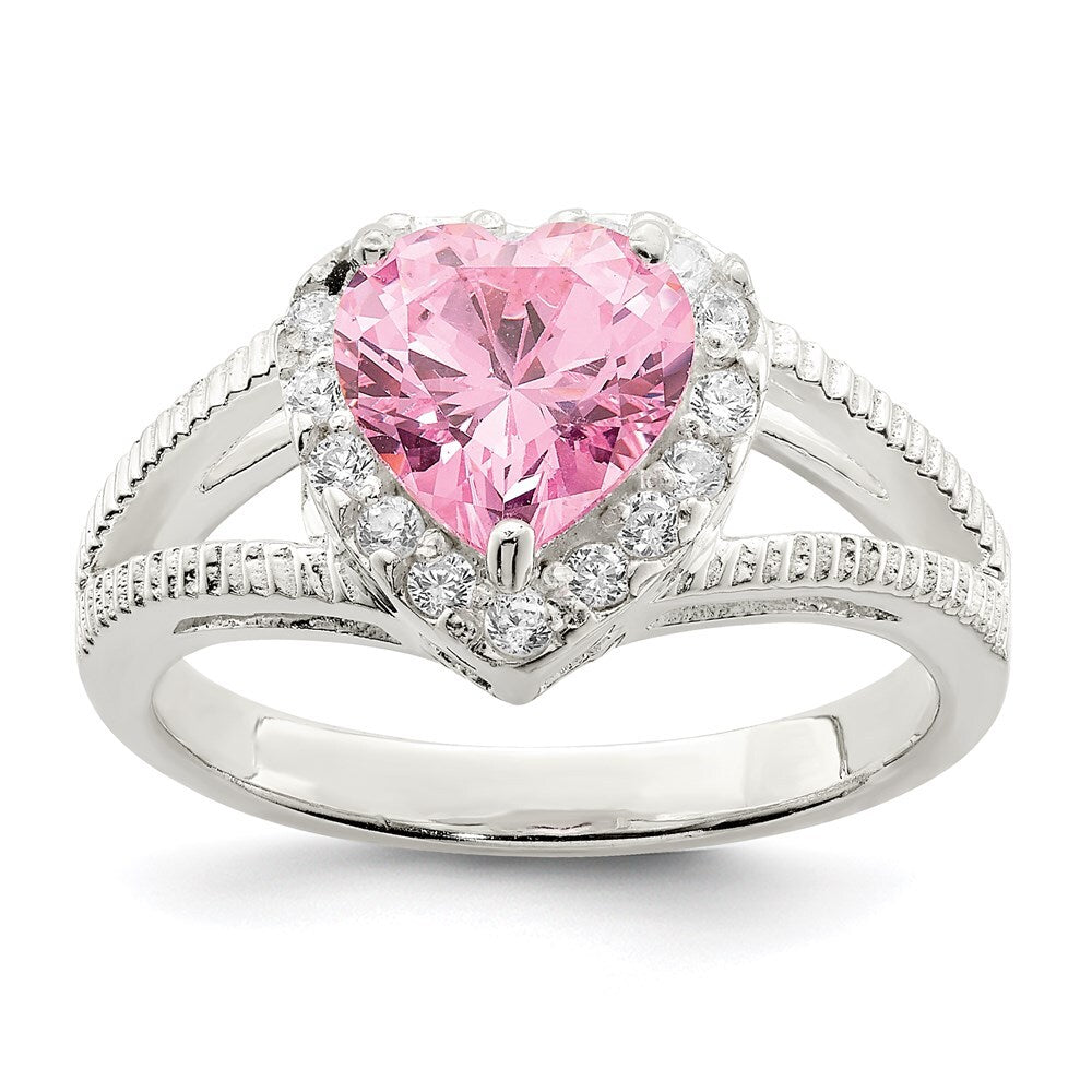 Sterling Silver Pink Cubic Zirconia Heart Ring Size 8