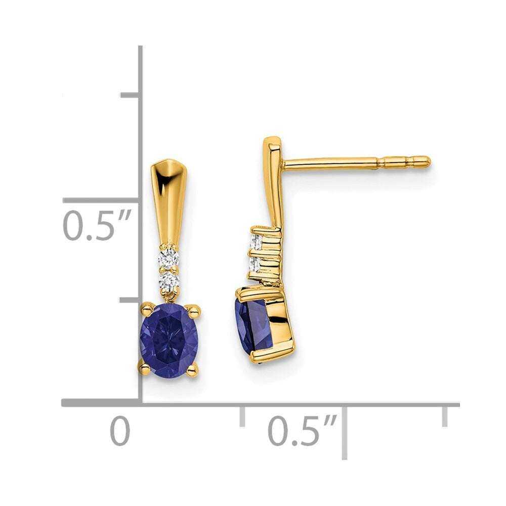 14k Yellow Gold Oval Created Sapphire and Diamond Dangle Earrings