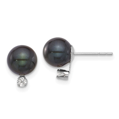 14k Gold 7-8mm Black Akoya Saltwater Cultured Pearl & .10 Carat Diamond Earrings