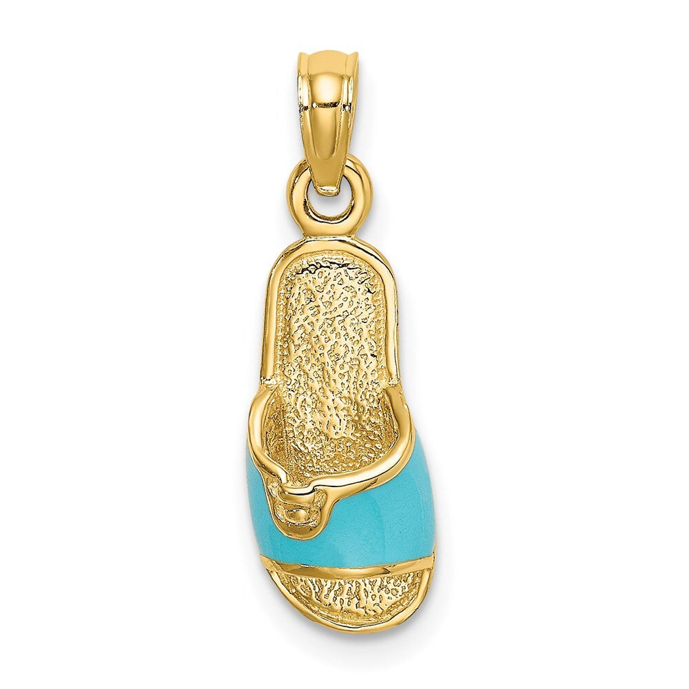 14k Yellow Gold 3D  Aqua Enamel Summer Slipper Charm Pendant for Women