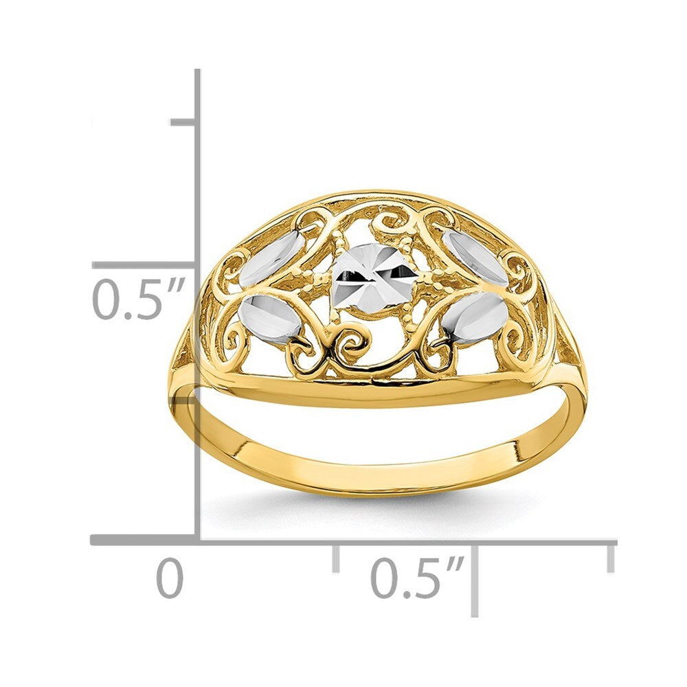 14K Yellow Gold w/Rhodium Diamond-Cut Oval Filigree Ring Size 7