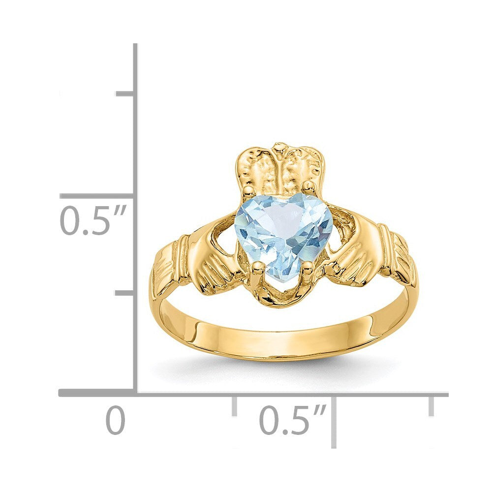 14K Yellow Gold March CZ Birthstone Claddagh Ring