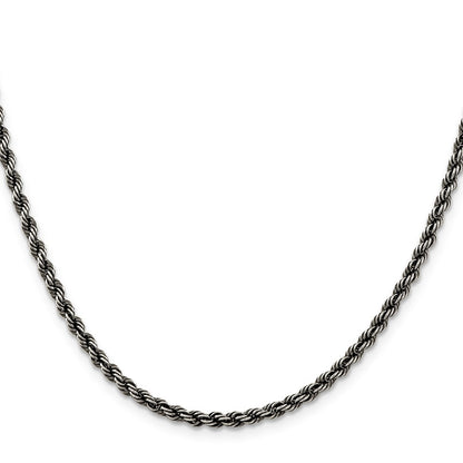 Sterling Silver Ruthenium-plated 3.4mm Rope Chain Necklace