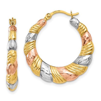 14k Yellow Gold & White and Rose Rhodium Hollow Scalloped Hoop Earrings