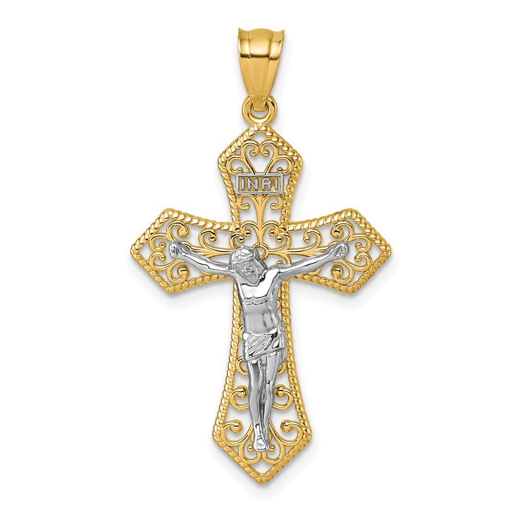 14k Two-tone Gold Polished And Beaded Fancy Crucifix Pendant for Women