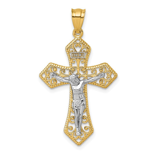 14k Two-tone Gold Polished And Beaded Fancy Crucifix Pendant for Women