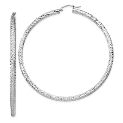 Sterling Silver Rhodium-plated Diamond-cut 3x65mm Hoop Earrings
