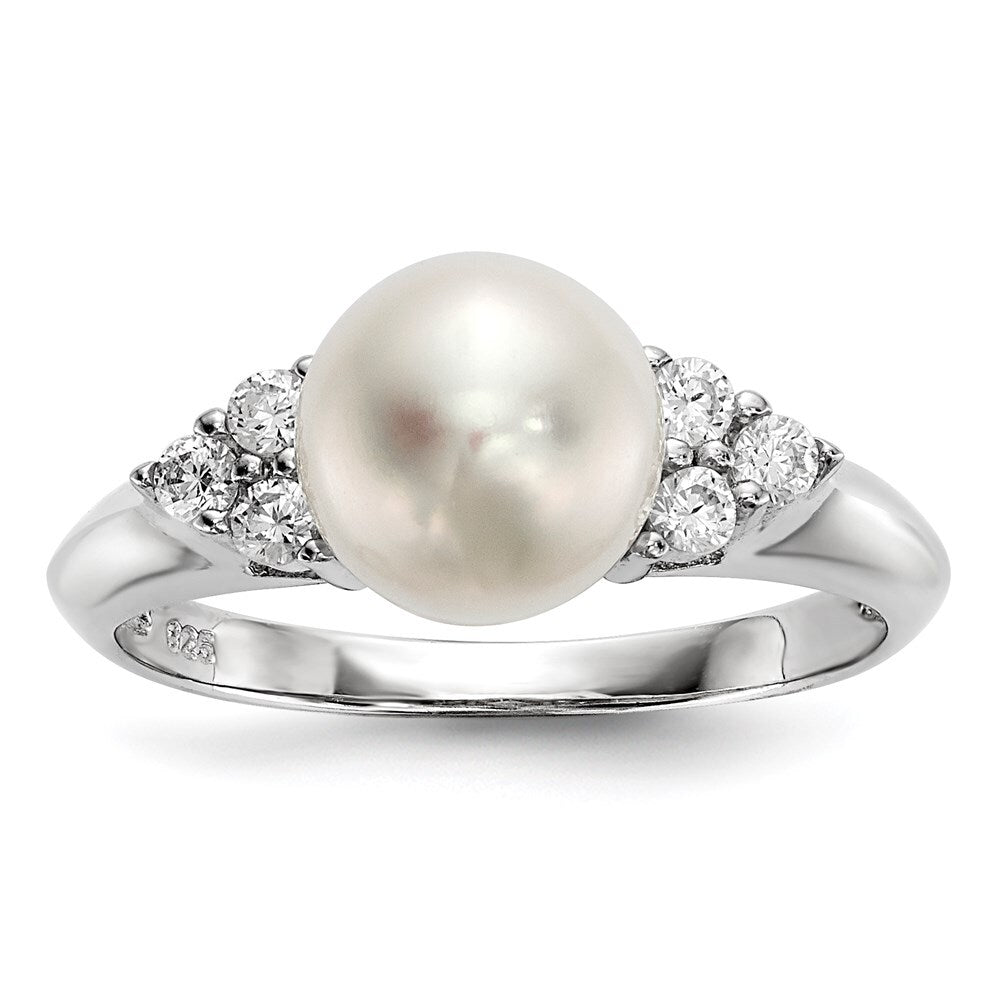 Sterling Silver 8-9mm White Button Freshwater Cultured Pearl and CZ Ring