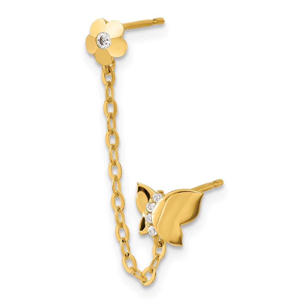 14k Yellow Gold CZ Double w/Chain Butterfly & Flower Single Earring