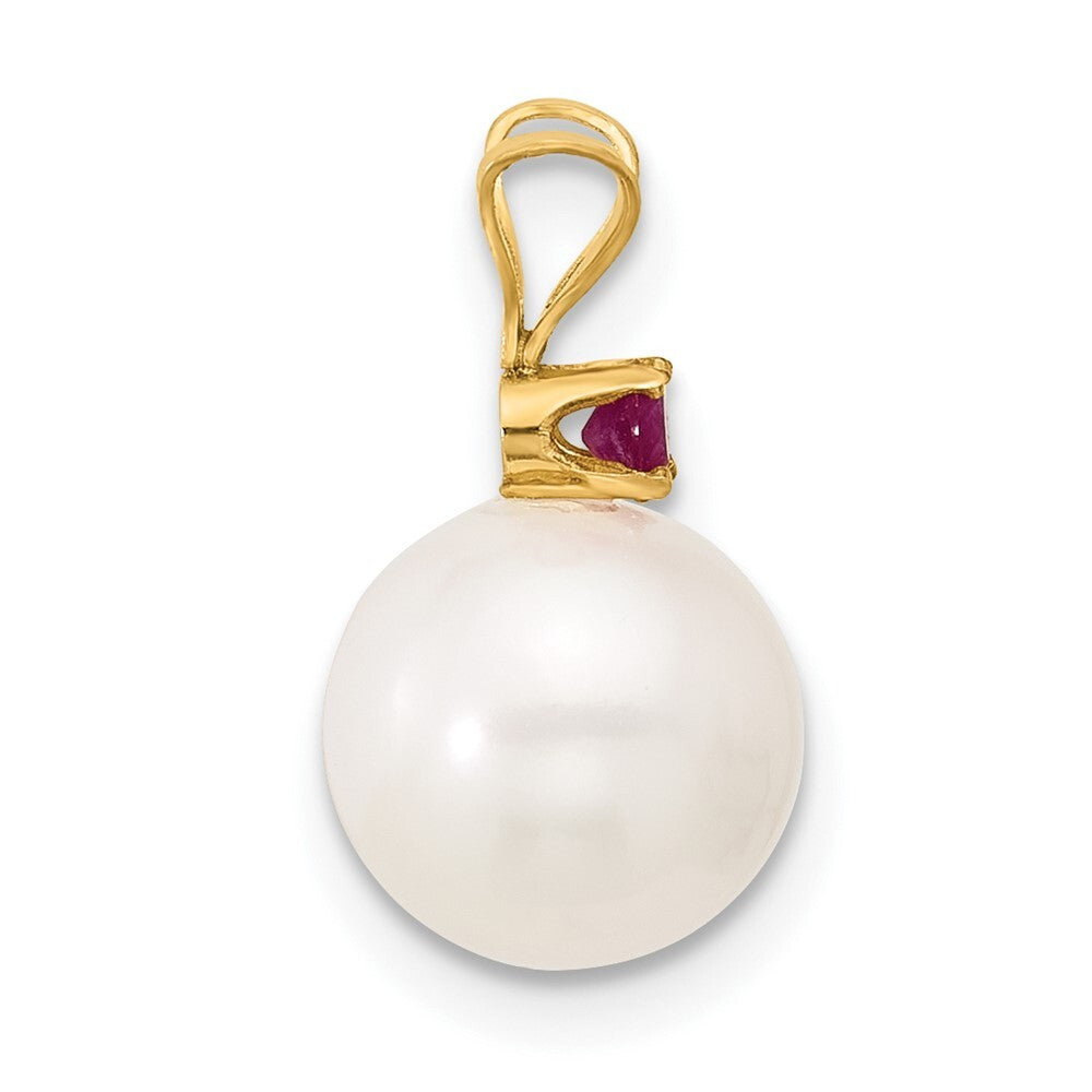 14k Yellow Gold 8-8.5mm White Round Freshwater Cultured Pearl .09RU Ruby Pendant