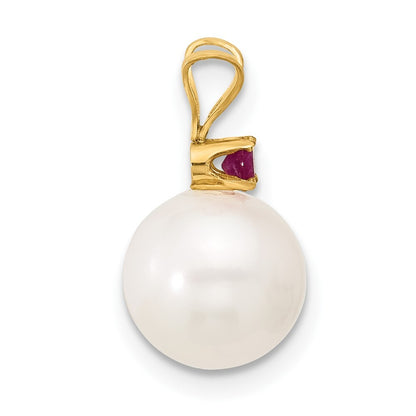 14k Yellow Gold 8-8.5mm White Round Freshwater Cultured Pearl .09RU Ruby Pendant