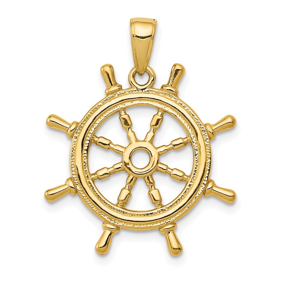 14k Yellow Gold 3D Ships Wheel Pendant