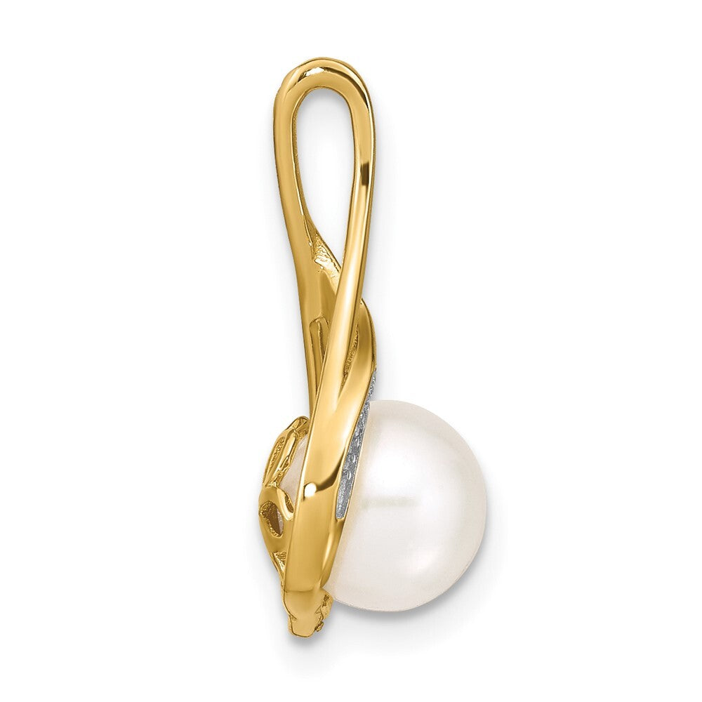 14k Yellow Gold 7-8mm White Round FW Cultured Pearl and Diamond Pendant