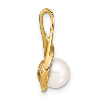 14k Yellow Gold 7-8mm White Round FW Cultured Pearl and Diamond Pendant