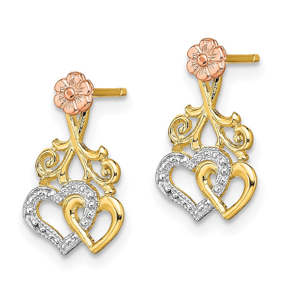 14k Two-tone Gold w/White Rhodium Hearts and Flower Earrings