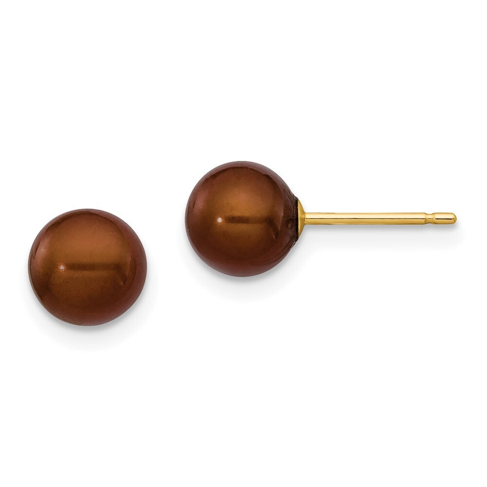 14k Yellow Gold 6-7mm Brown Round Freshwater Cultured Pearl Stud Earrings