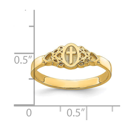 14K Yellow Gold Cross Inside Oval W/Scroll and Heart Ring Size 7