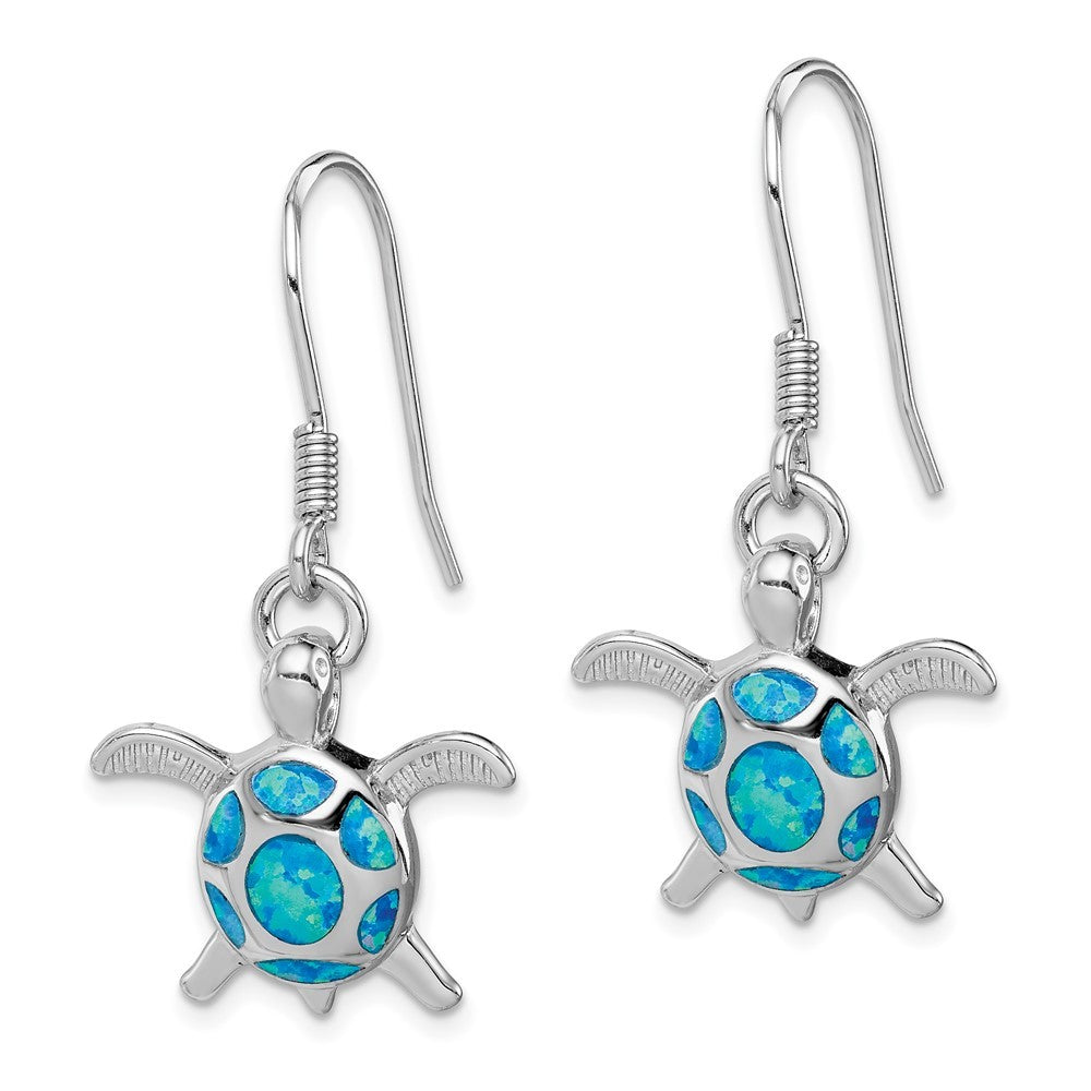 Sterling Silver Polished Created Blue Opal Turtle Shepherd Hook Earrings