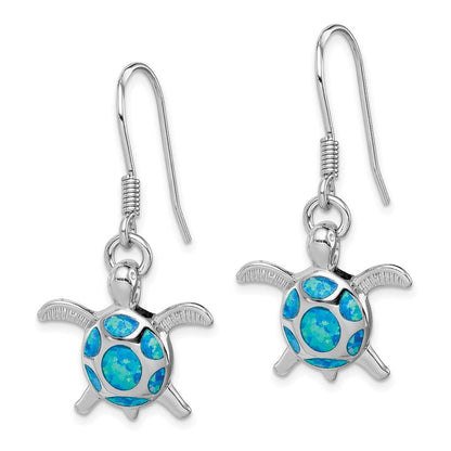 Sterling Silver Polished Created Blue Opal Turtle Shepherd Hook Earrings