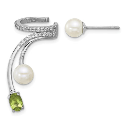 Sterling Silver CZ, Freshwater Cultured Pearl & Peridot Cuff Asymmetric Earrings