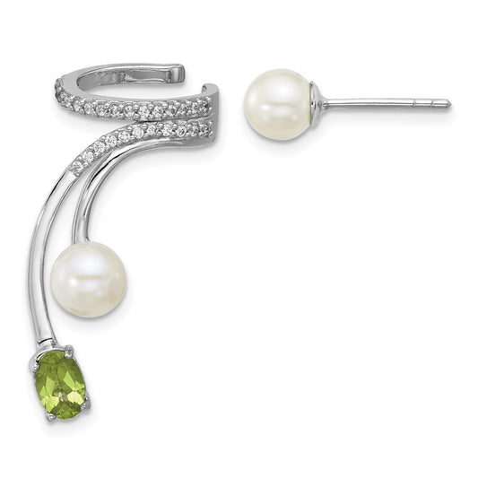 Sterling Silver CZ, Freshwater Cultured Pearl & Peridot Cuff Asymmetric Earrings