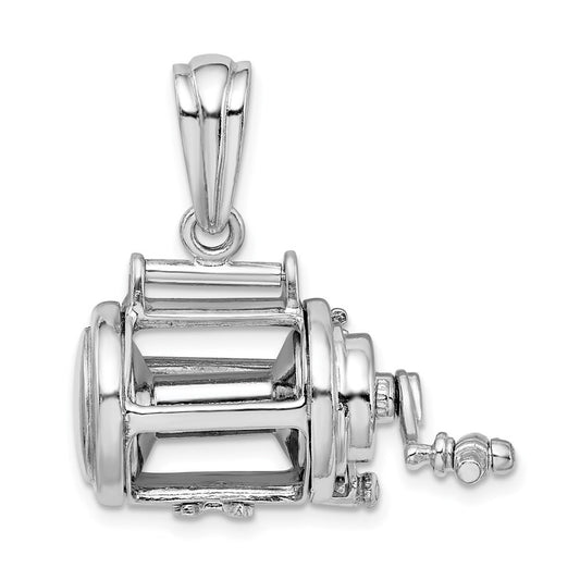 Sterling Silver Rhodium-Plated Polished 3D Moveable Fishing Reel Pendant