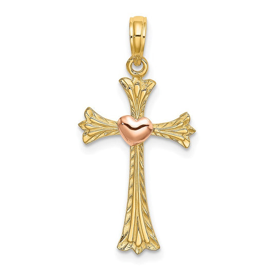 14k Two-tone Gold Textured Cross  Heart Charm Pendant for Women