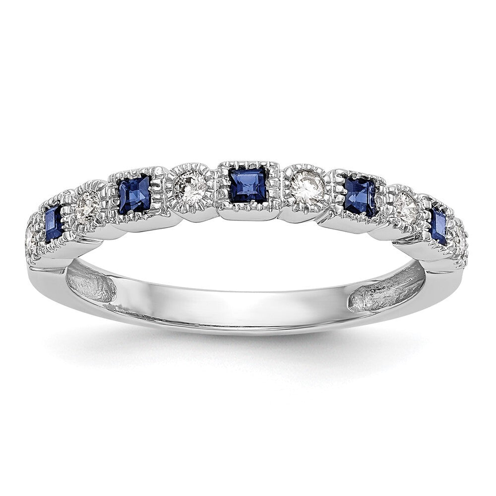 14k White Gold 1/10 carat Diamond and Blue Sapphire Complete Band Size 7