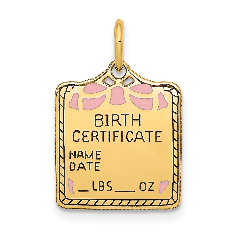 14k Yellow Gold Enameled Pink Engravable Birth Certificate Charm Pendant