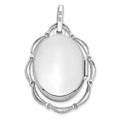 Sterling Silver Rhodium-plated 21x16mm Floral Oval Locket